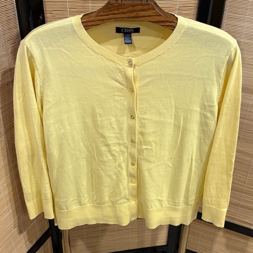 Chaps Pale Yellow Crewneck Button Cardigan